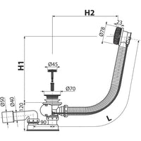 Alca badafvoer- en overloopcombinatie MAT ZWART  - 800mm - met waste met metalen plug
