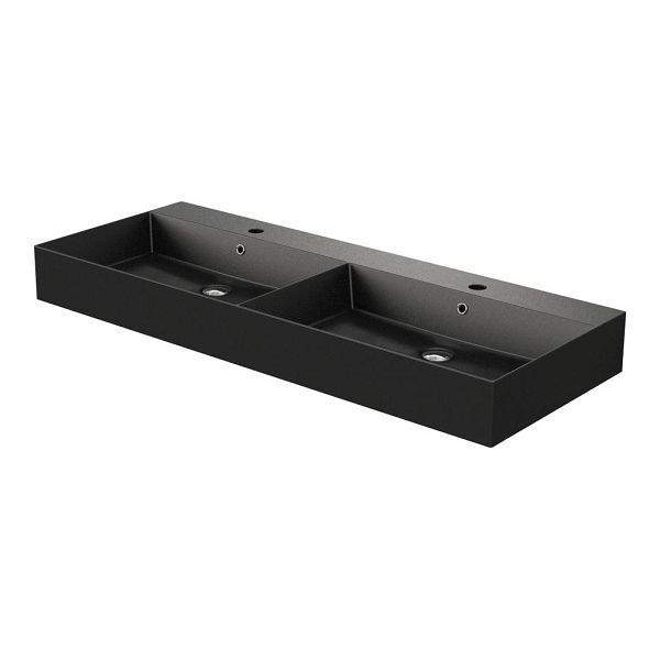Azzurra Elegance Square dubbele wastafel 120x46cm mat zwart keramiek met overloop en 2 kraangaten